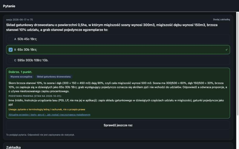 Rzeczywisty ekran aplikacji: pytanie z odpowiedziami, uzasadnienie oraz podstawa prawna pod pytaniem.